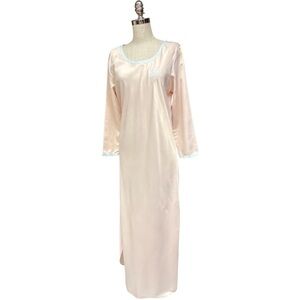 Vintage Barbizon Peach Satin Nightgown Blue Trim Maxi Loungewear, Pink Nightgown